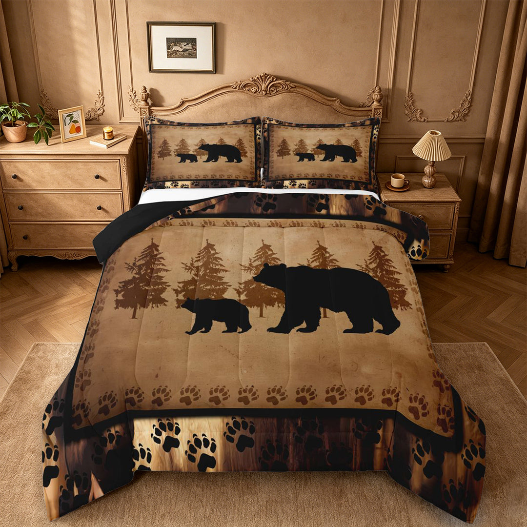 meiyoeat Vintage Bear Silhouette King Size Comforter Sets For Kids, Rustic Paw Print Comforters King Size For Men,Black Reversible,3 Pieces