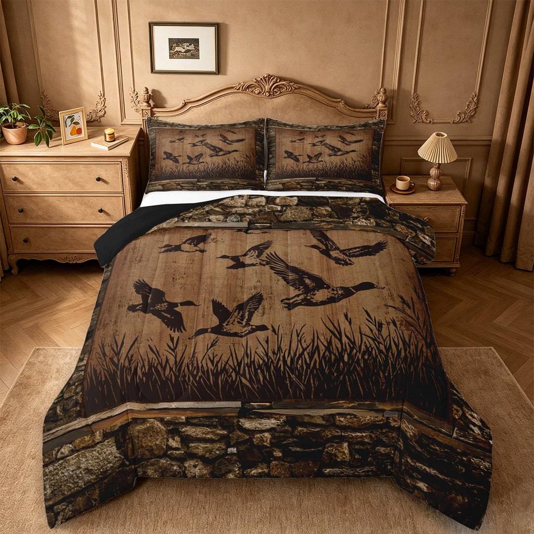 meiyoeat Vintage Mallard Duck Silhouette King Size Comforter Sets, Rustic Farmhouse Wood Print Comforters King Size For Kids,Black Reversible,3-Piece