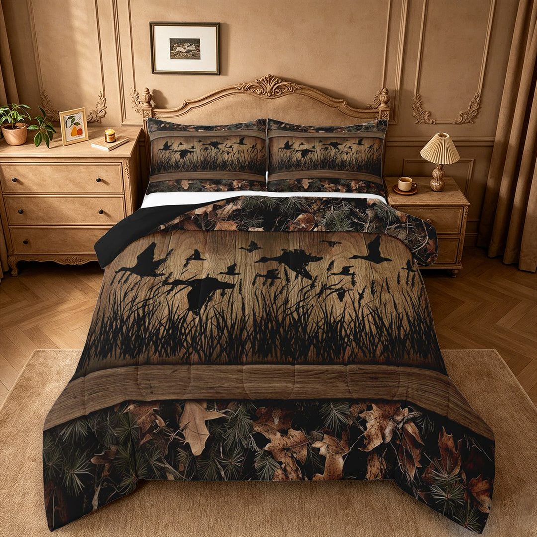 meiyoeat Wild Animal Mallard King Size Comforter Sets,Rustic Camo Wood Print Comforters King Size For Kids Boys,Black Reversible,3 Pieces