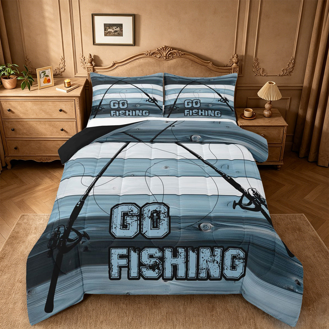 meiyoeat Go Fishing Stripe Full Size Comforter Sets For Kids,Blue Wood Fishing Bedding Comforter Set For Boys,Black Reversible,3-Piece