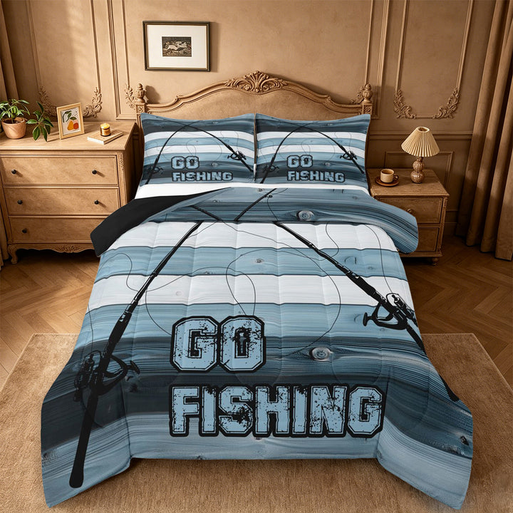 meiyoeat Go Fishing Stripe Full Size Comforter Sets For Kids,Blue Wood Fishing Bedding Comforter Set For Boys,Black Reversible,3-Piece