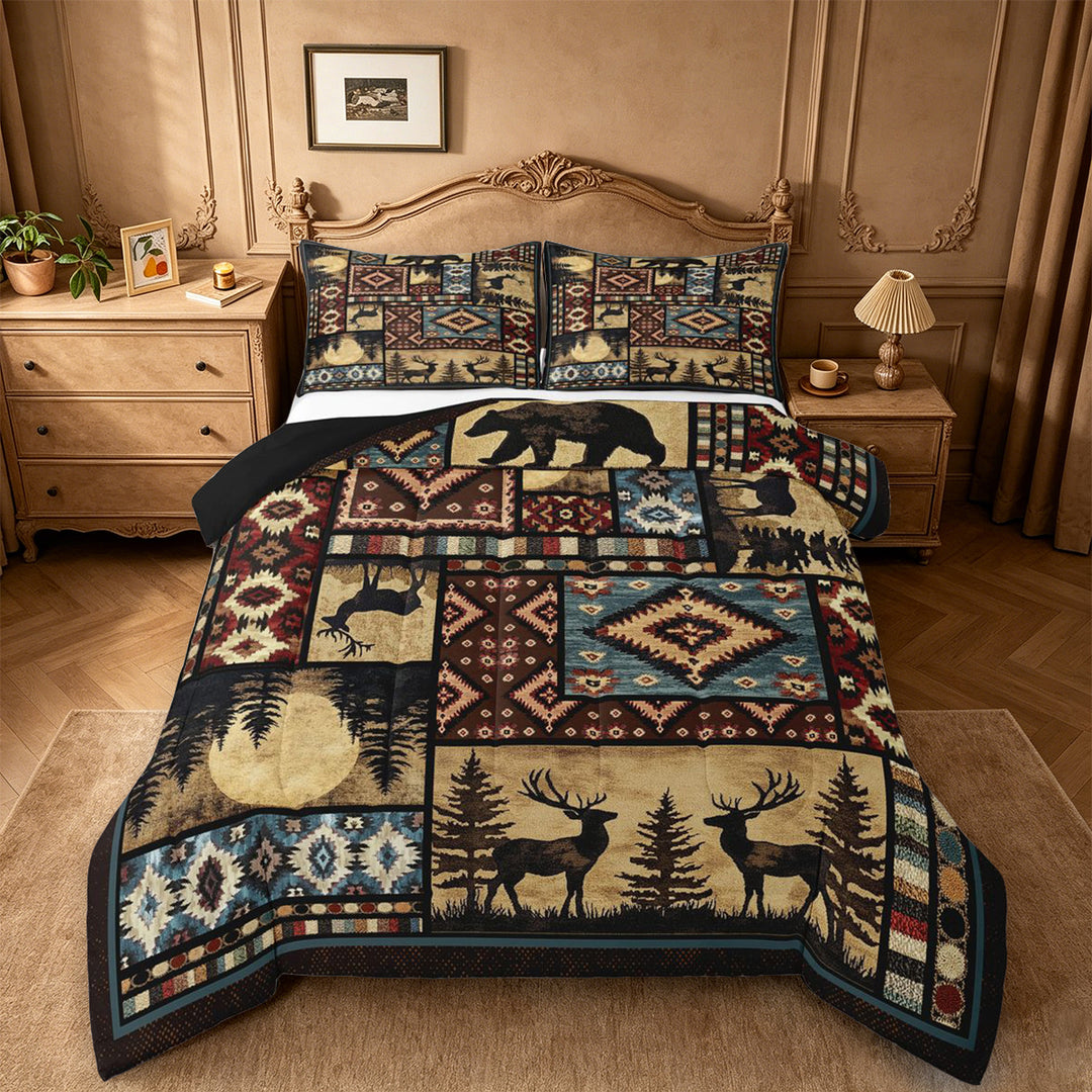 meiyoeat Southwestern Bear Deer King Size Comforter Sets,Bohemian Exotic Style Aztec Geometric Comforters King Size For Boys Kids,Black Reversible,3 Pieces