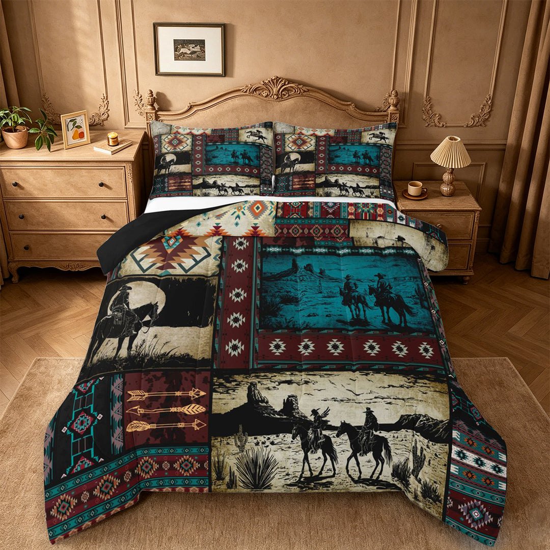 meiyoeat Western Cowboy Horse King Size Comforter Sets,Vintage Aztec Geometric Print Comforters King Size For Adult,Black Reversible,3pcs