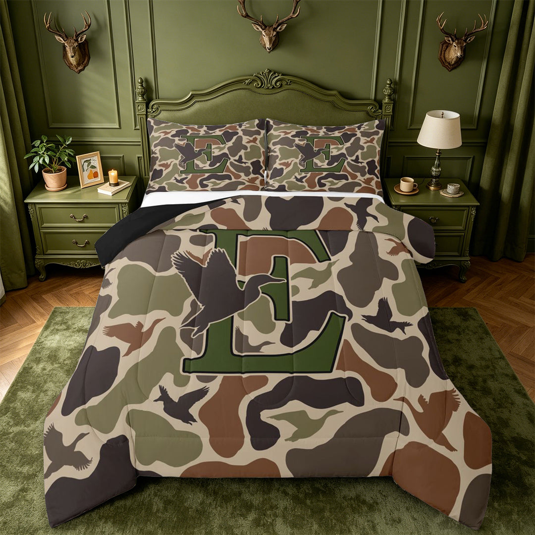 meiyoeat Camouflage Duck Initial E Full Size Comforter Sets For Boys,Country Farmhouse Hunting Themed Bedding Comforter Set,Black Reversible,3pcs,1 Comforter and 2 Pillowcases