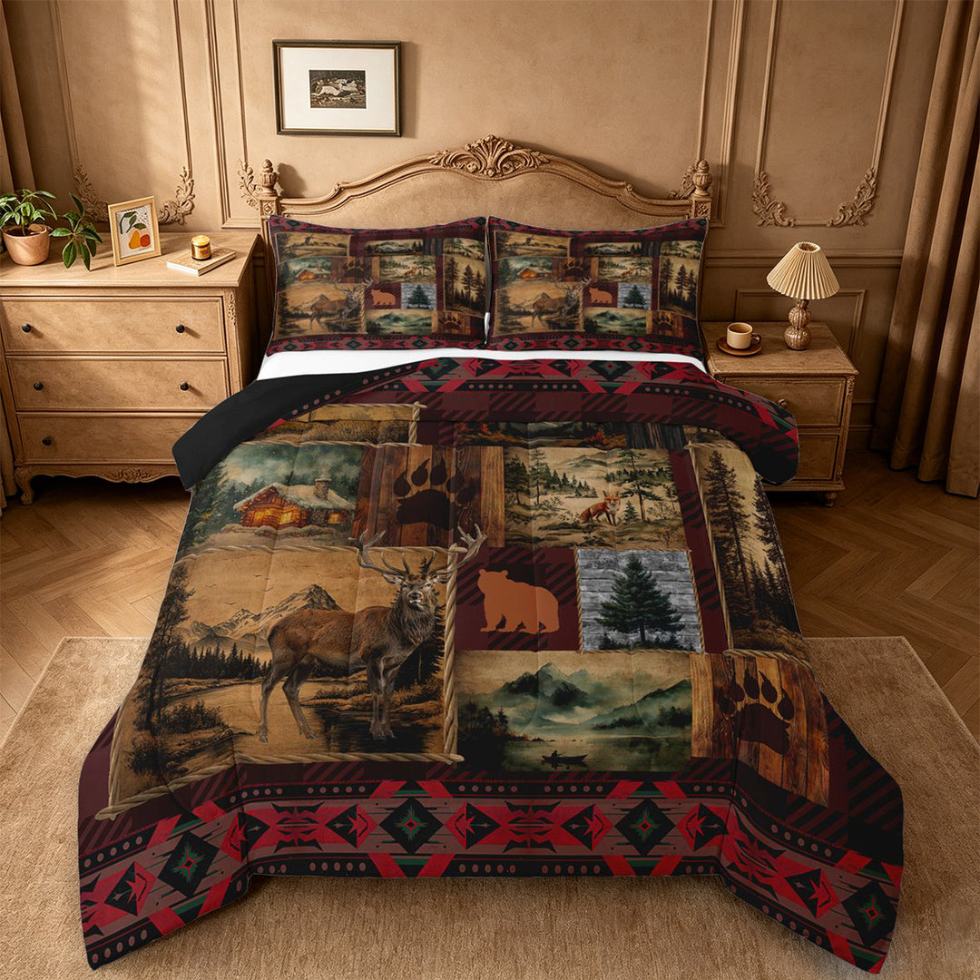 meiyoeat Rustic Cabin Deer King Size Comforter Sets,Jungle Wildlife Comforters King Size For Men Women,Black Reversible,3-Piece