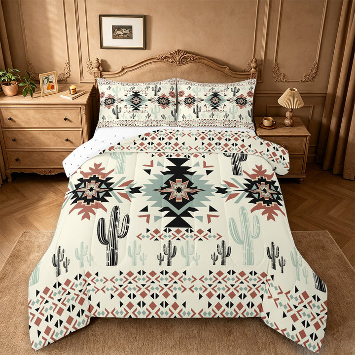 meiyoeat Rustic Western Aztec Print King Size Comforter Sets For Adults,Desert Botanical Cactus Comforters King Size For Men Women,Reversible,3 Pieces
