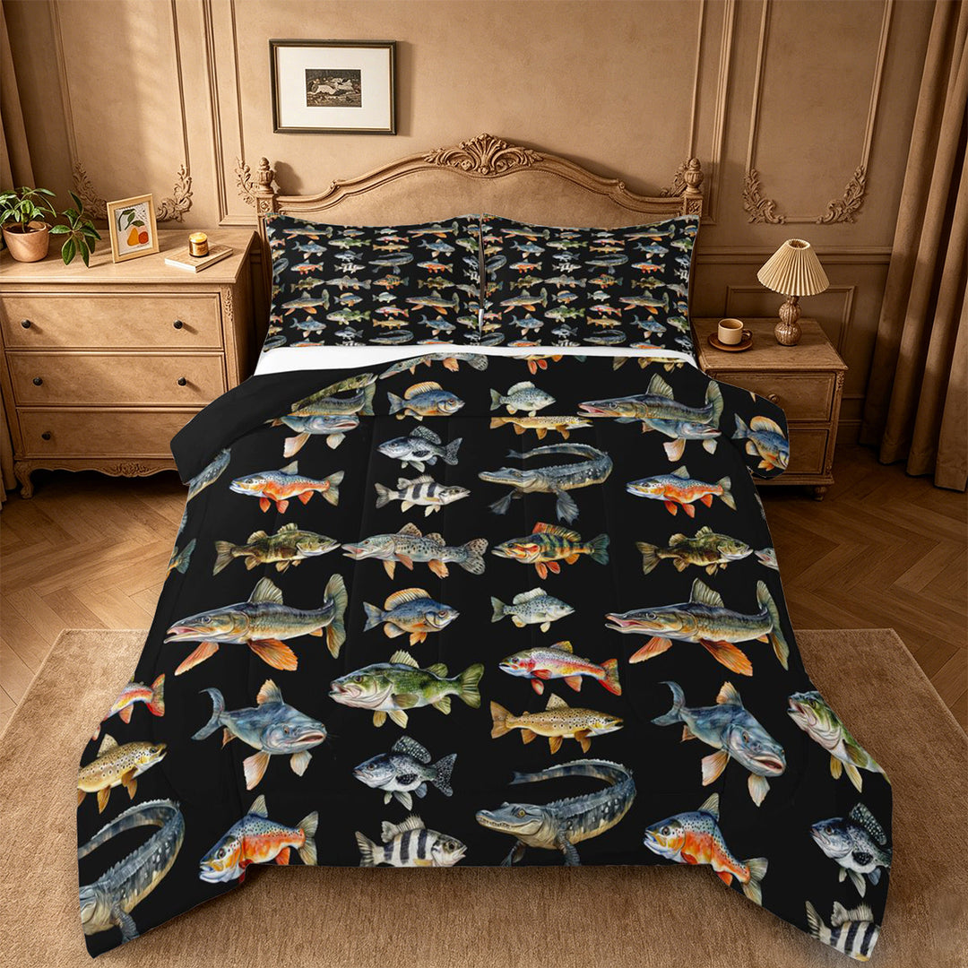 meiyoeat Cute Pike Fish Full Size Comforter Sets For Boys,Black Watercolor Print Bedding Comforter Set Kids,Black Reversible,3pcs