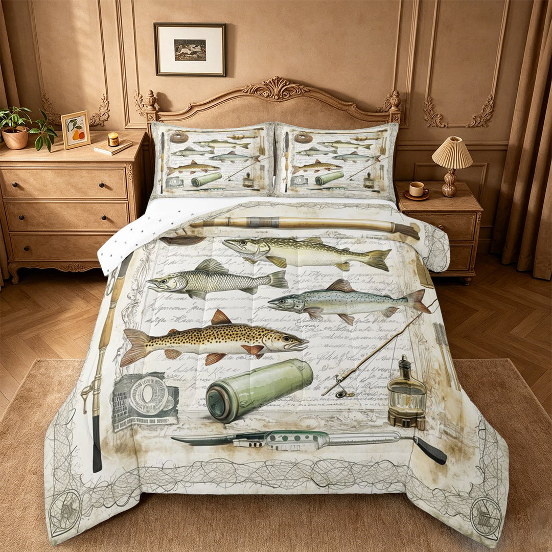 meiyoeat Rustic Pike Fish Full Size Comforter Sets For Kids,Vintage Farmhouse Fishing Bedding Comforter Set For Adults,Reversible,3-Piece