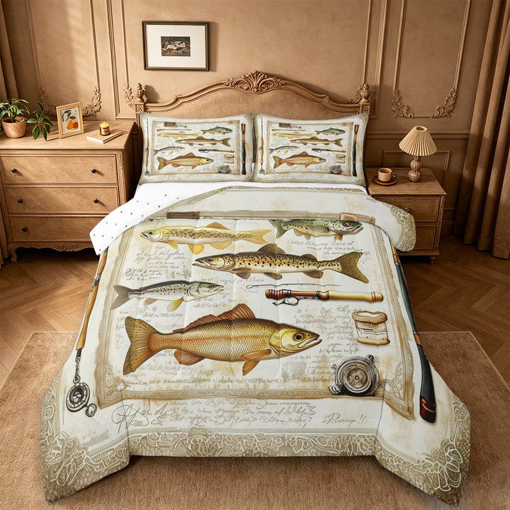 meiyoeat Retro Pike Pattern Full Size Comforter Sets For Kids,Classic Fish Art Bedding Comforter Set For Men,Reversible,3 Pieces
