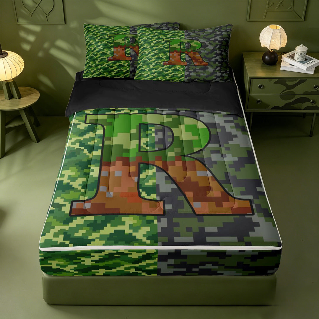 meiyoeat Personalized Pixelated Monogram R Zipper Full Size Comforter Sets with Fitted Sheet and 2 Pillowcases For Boys,Geometric Plaid Buffalo Initial Zipper Bedding Set,Black Reversible,4 Pieces