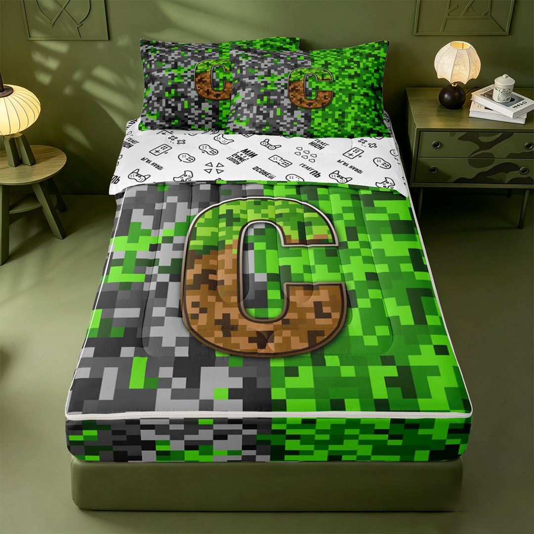 meiyoeat Gamer Pixel Art Print Zipper Full Size Comforter Sets with Fitted Sheet and 2 Pillowcases For Boys,Personalized Initial Letter C Zipper Bedding Set,Reversible,4 Pieces