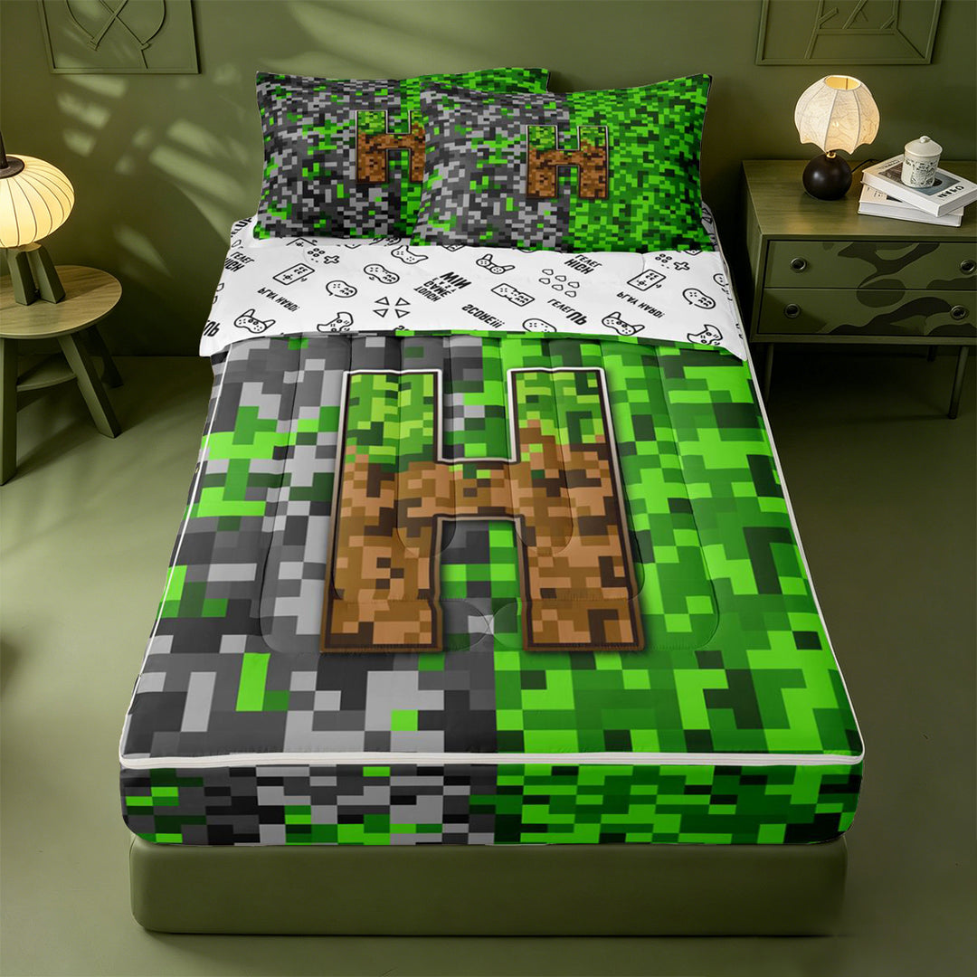 meiyoeat Vintage Game Pixel Print Zipper Full Size Comforter Sets with Fitted Sheet and 2 Pillowcases For Boys,Initial Letter Monogram Zipper Bedding Set,Reversible,4-Piece