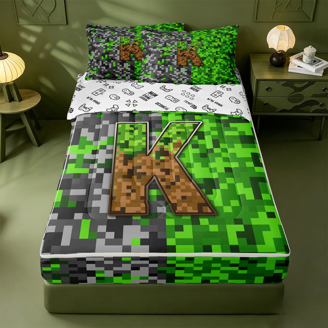 meiyoeat Miners Video Game Zipper Full Size Comforter Sets with Fitted Sheet and 2 Pillowcases For Boys,Green Gray Pixelated Check Letter K Zipper Bedding Set,Reversible,4-Piece