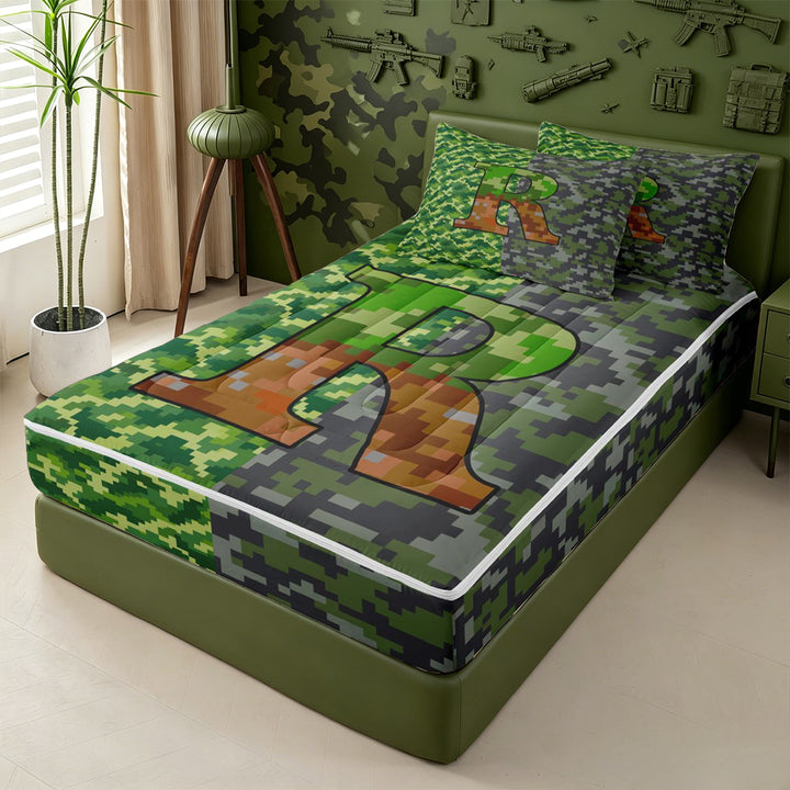meiyoeat Personalized Pixelated Monogram R Zipper Full Size Comforter Sets with Fitted Sheet and 2 Pillowcases For Boys,Geometric Plaid Buffalo Initial Zipper Bedding Set,Black Reversible,4 Pieces