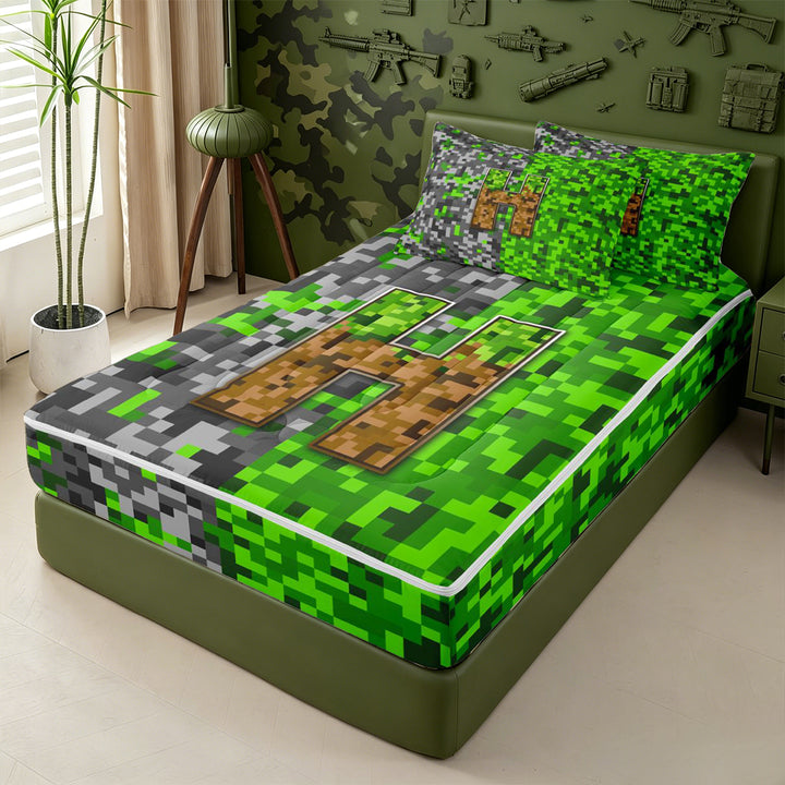 meiyoeat Vintage Game Pixel Print Zipper Full Size Comforter Sets with Fitted Sheet and 2 Pillowcases For Boys,Initial Letter Monogram Zipper Bedding Set,Reversible,4-Piece