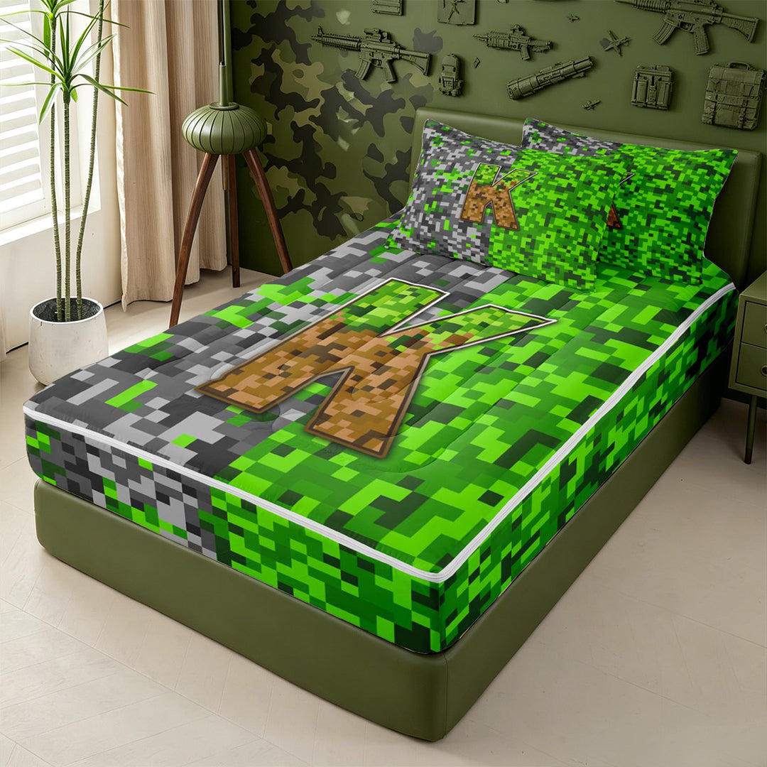 meiyoeat Miners Video Game Zipper Full Size Comforter Sets with Fitted Sheet and 2 Pillowcases For Boys,Green Gray Pixelated Check Letter K Zipper Bedding Set,Reversible,4-Piece