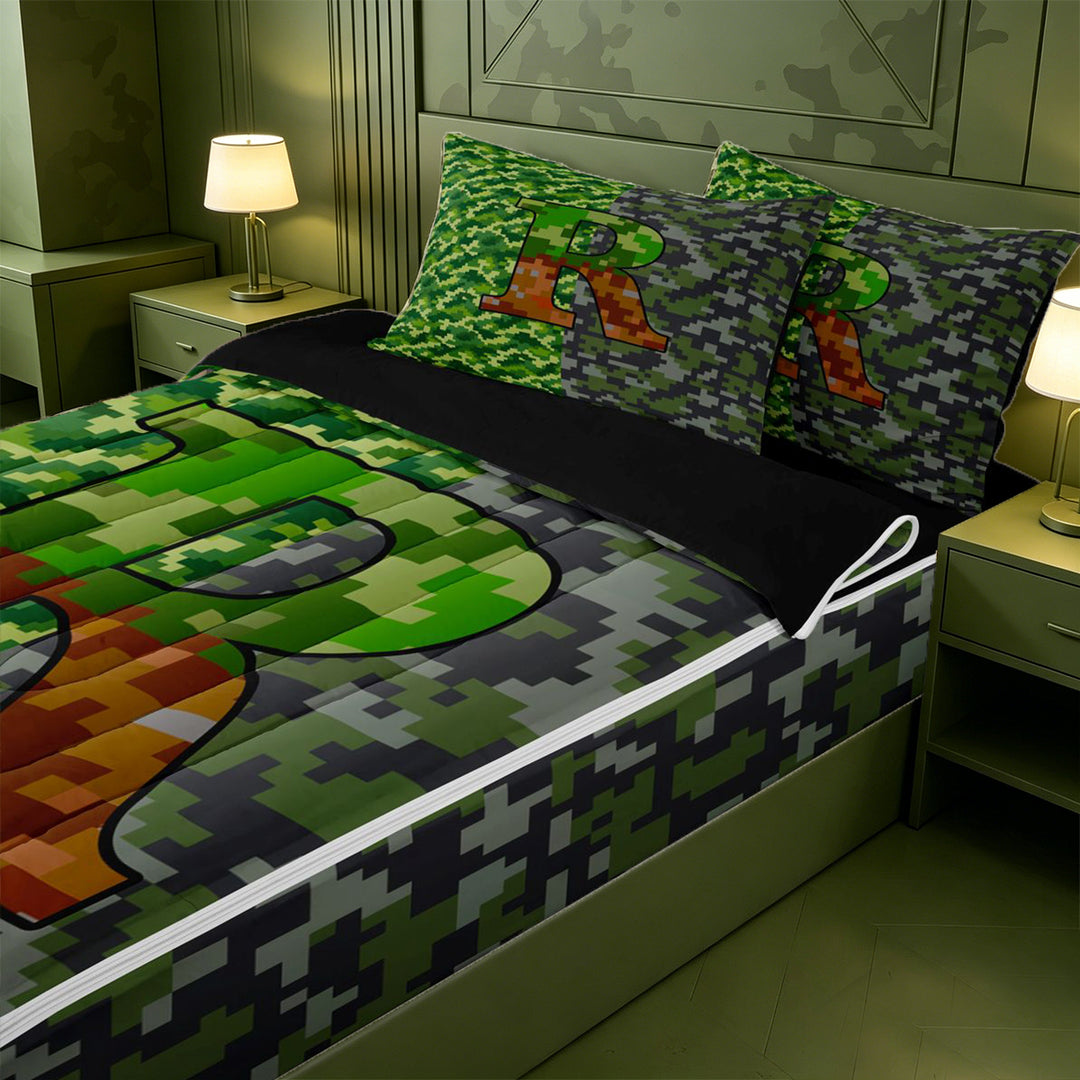 meiyoeat Personalized Pixelated Monogram R Zipper Full Size Comforter Sets with Fitted Sheet and 2 Pillowcases For Boys,Geometric Plaid Buffalo Initial Zipper Bedding Set,Black Reversible,4 Pieces