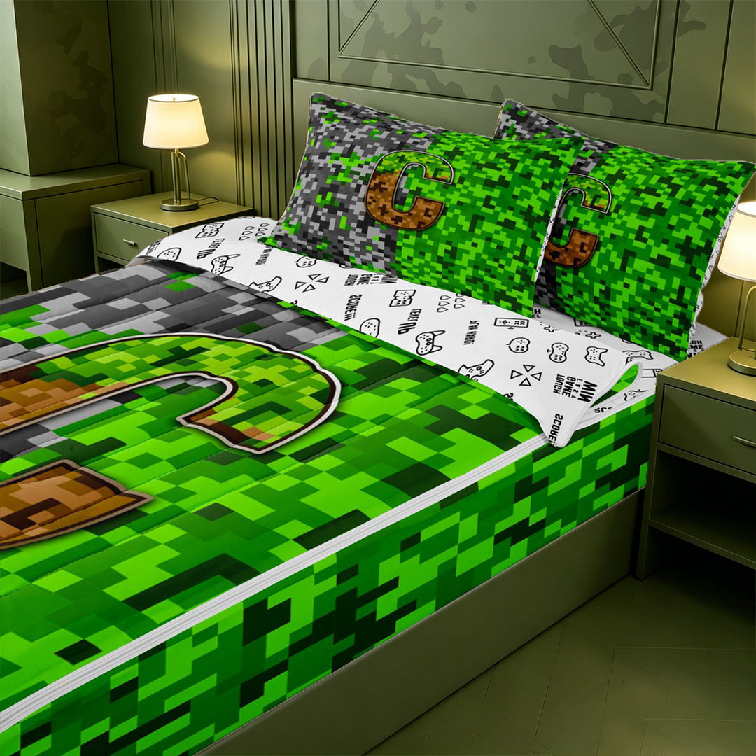 meiyoeat Gamer Pixel Art Print Zipper Full Size Comforter Sets with Fitted Sheet and 2 Pillowcases For Boys,Personalized Initial Letter C Zipper Bedding Set,Reversible,4 Pieces
