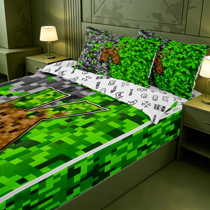 meiyoeat Miners Video Game Zipper Full Size Comforter Sets with Fitted Sheet and 2 Pillowcases For Boys,Green Gray Pixelated Check Letter K Zipper Bedding Set,Reversible,4-Piece