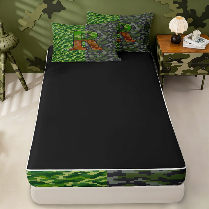 meiyoeat Personalized Pixelated Monogram R Zipper Full Size Comforter Sets with Fitted Sheet and 2 Pillowcases For Boys,Geometric Plaid Buffalo Initial Zipper Bedding Set,Black Reversible,4 Pieces