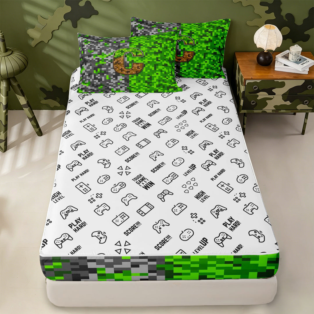 meiyoeat Gamer Pixel Art Print Zipper Full Size Comforter Sets with Fitted Sheet and 2 Pillowcases For Boys,Personalized Initial Letter C Zipper Bedding Set,Reversible,4 Pieces