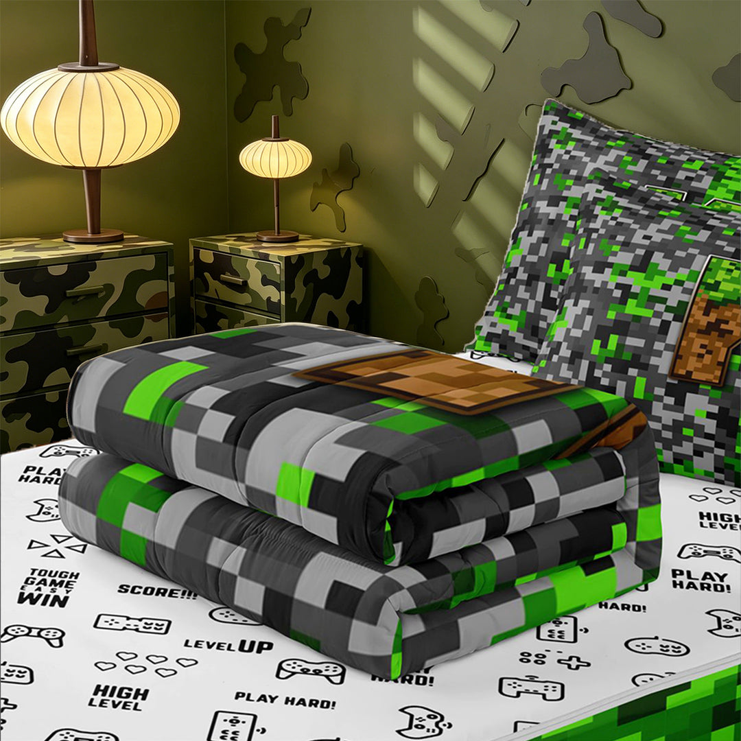 meiyoeat Miners Video Game Zipper Full Size Comforter Sets with Fitted Sheet and 2 Pillowcases For Boys,Green Gray Pixelated Check Letter K Zipper Bedding Set,Reversible,4-Piece