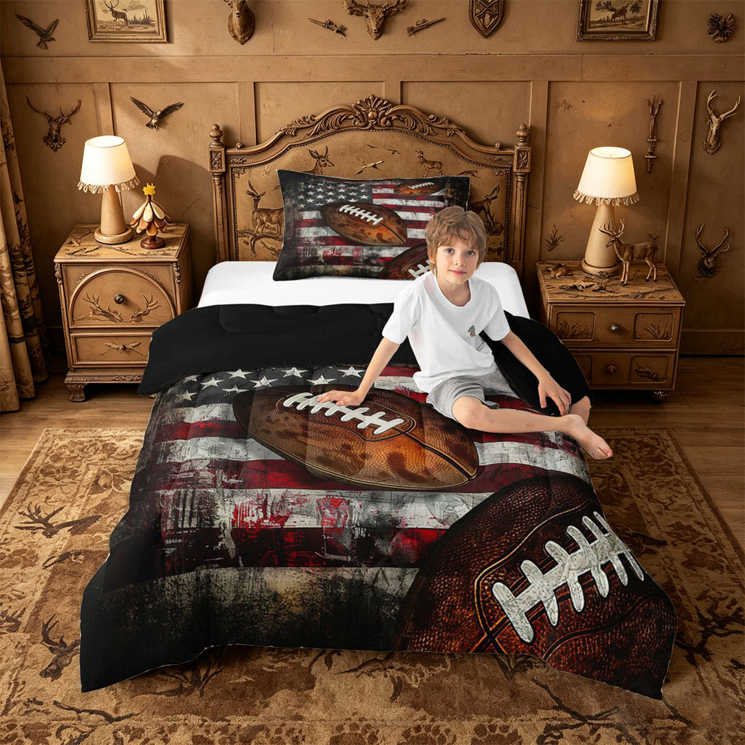 meiyoeat Boys Football Games Full Size Comforter Sets For Kids,Vintage American Flag Pattern Bedding Comforter Set For Boys,Black Reversible,3 Pieces