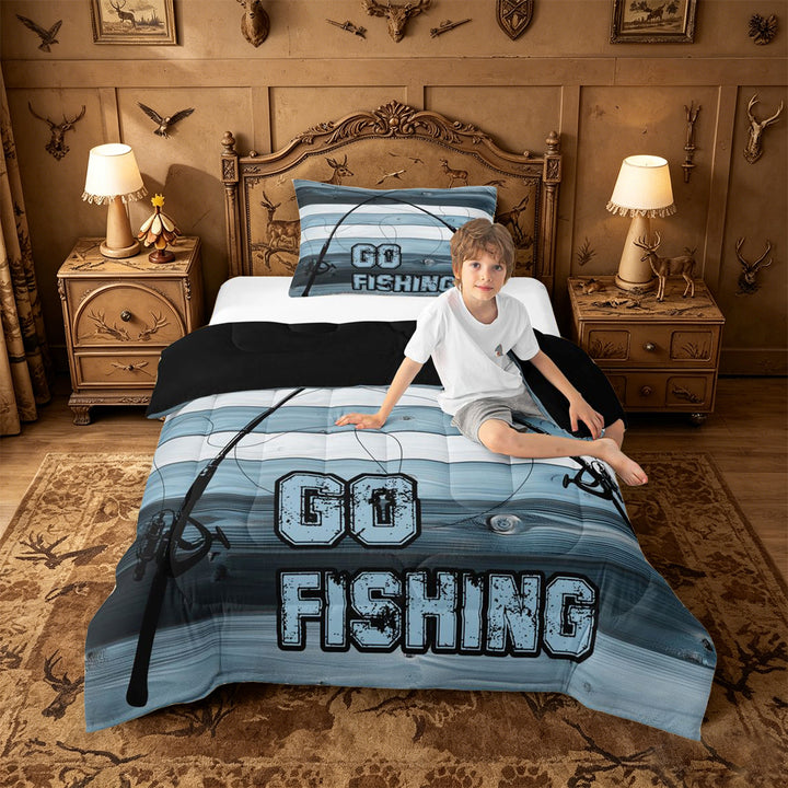 meiyoeat Go Fishing Stripe Full Size Comforter Sets For Kids,Blue Wood Fishing Bedding Comforter Set For Boys,Black Reversible,3-Piece