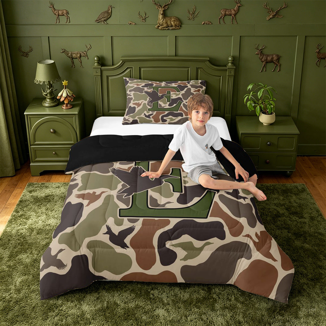meiyoeat Camouflage Duck Initial E Full Size Comforter Sets For Boys,Country Farmhouse Hunting Themed Bedding Comforter Set,Black Reversible,3pcs,1 Comforter and 2 Pillowcases