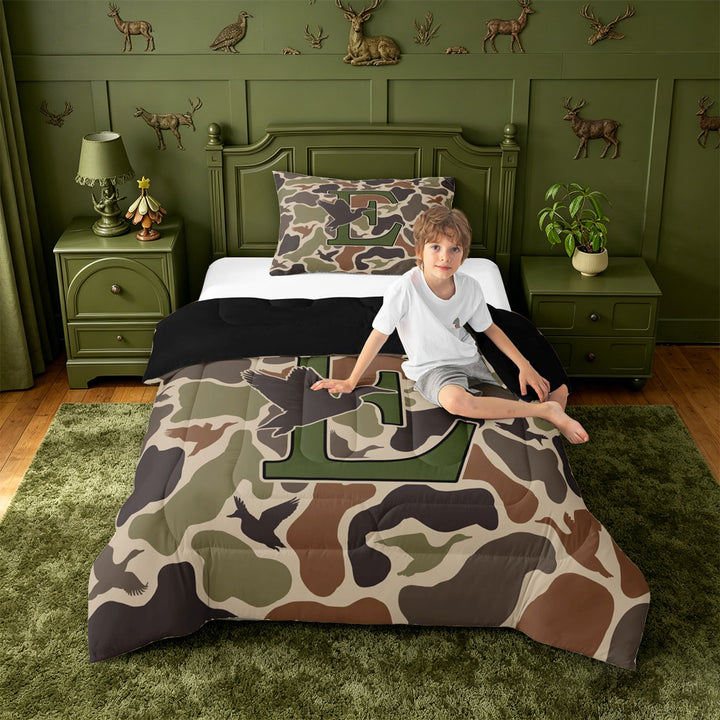 meiyoeat Camouflage Duck Initial E Full Size Comforter Sets For Boys,Country Farmhouse Hunting Themed Bedding Comforter Set,Black Reversible,3pcs,1 Comforter and 2 Pillowcases