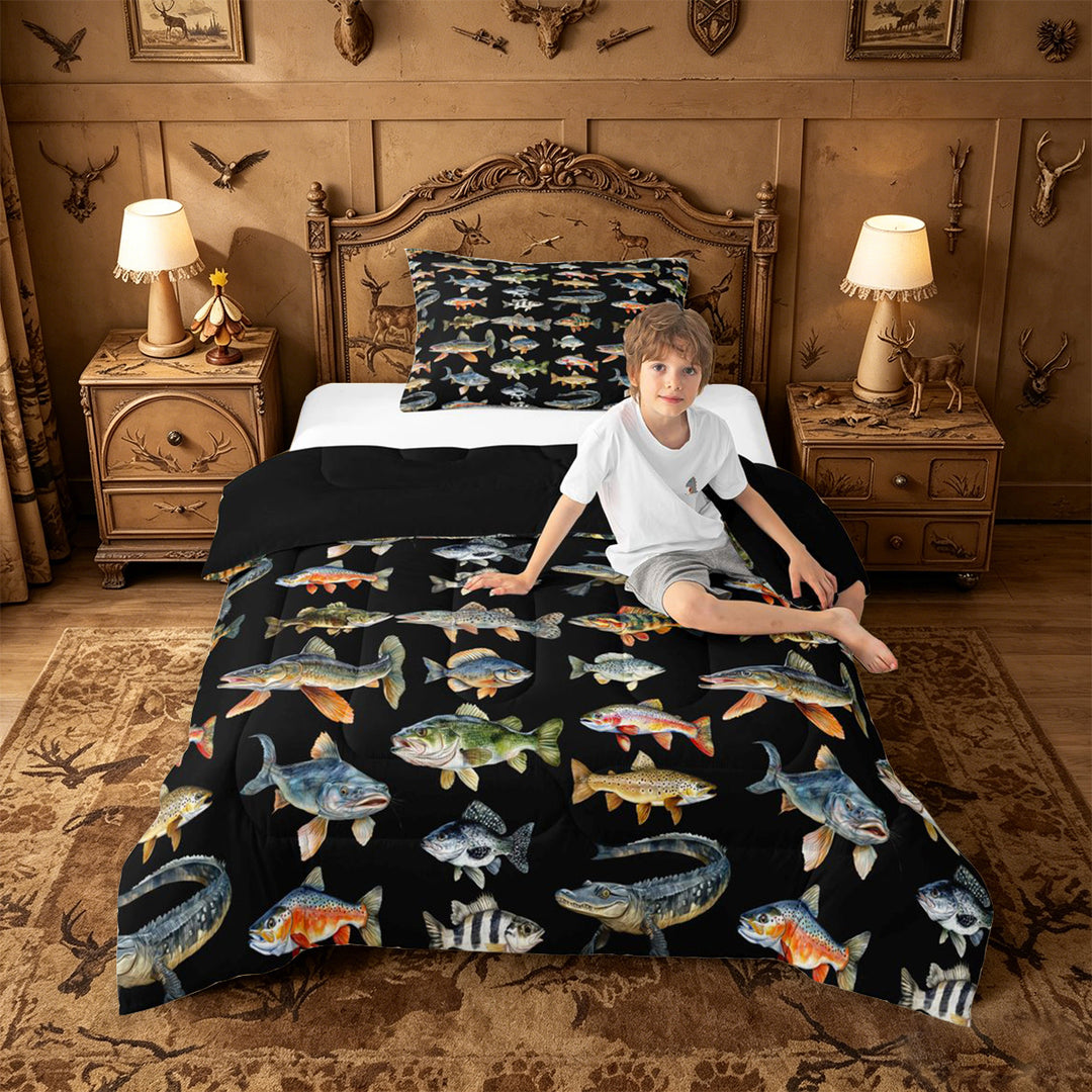 meiyoeat Cute Pike Fish Full Size Comforter Sets For Boys,Black Watercolor Print Bedding Comforter Set Kids,Black Reversible,3pcs