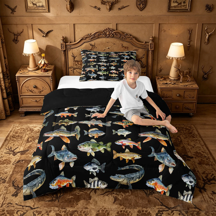 meiyoeat Cute Pike Fish Full Size Comforter Sets For Boys,Black Watercolor Print Bedding Comforter Set Kids,Black Reversible,3pcs