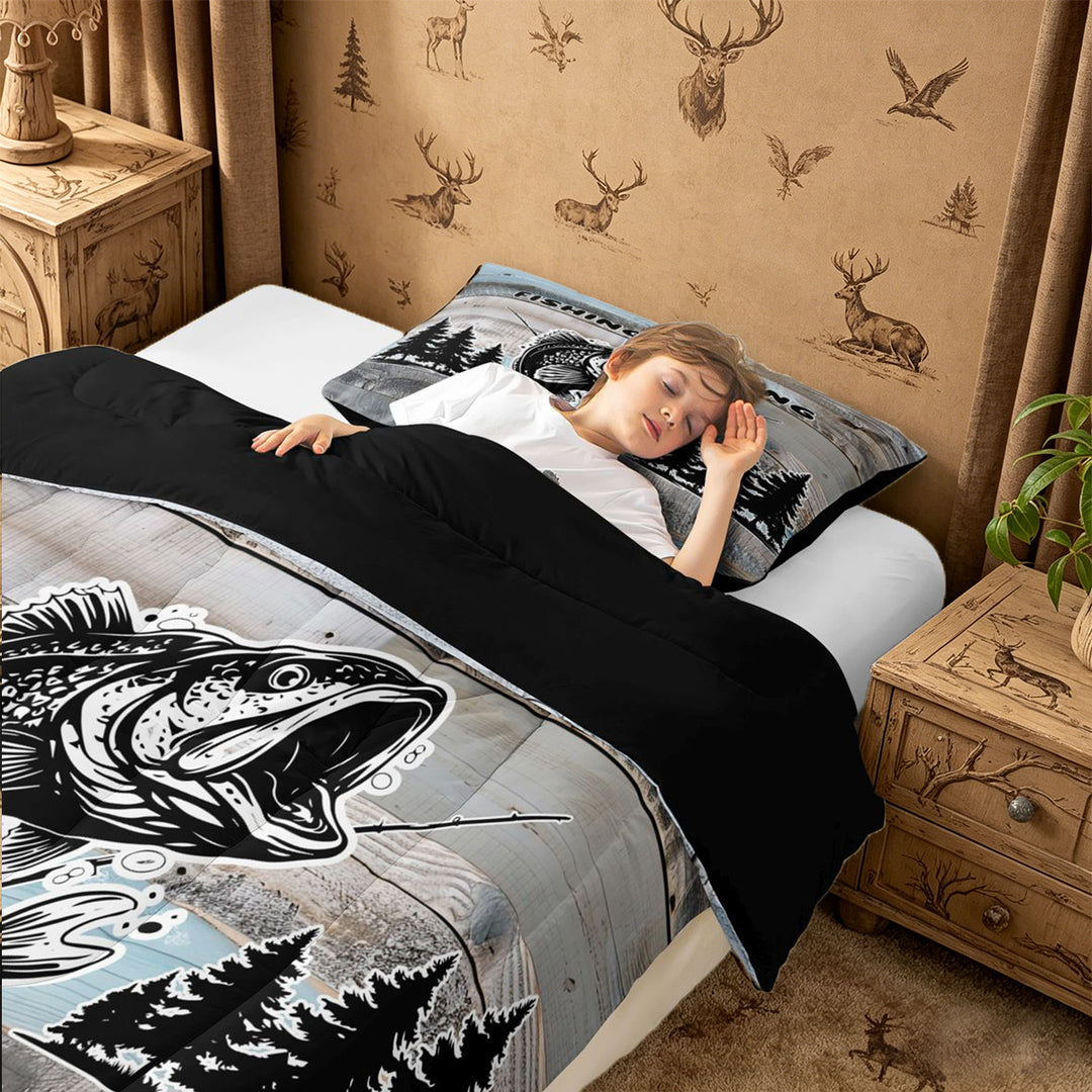 meiyoeat Vintage Bass Fishing Full Size Comforter Sets For Kids,Woodland Fish Print Bedding Comforter Set For Boys,Black Reversible,3pcs