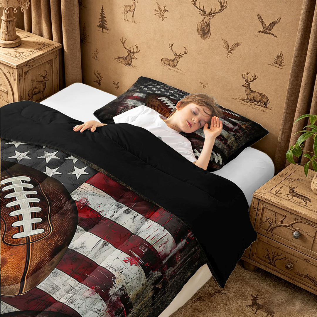 meiyoeat Boys Football Games Full Size Comforter Sets For Kids,Vintage American Flag Pattern Bedding Comforter Set For Boys,Black Reversible,3 Pieces