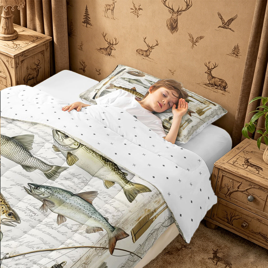 meiyoeat Rustic Pike Fish Full Size Comforter Sets For Kids,Vintage Farmhouse Fishing Bedding Comforter Set For Adults,Reversible,3-Piece