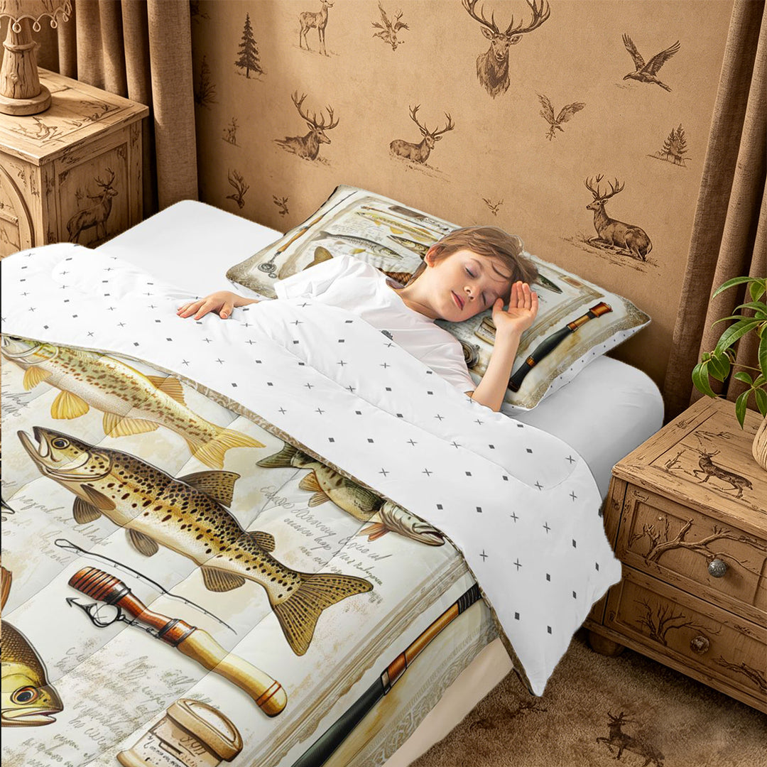 meiyoeat Retro Pike Pattern Full Size Comforter Sets For Kids,Classic Fish Art Bedding Comforter Set For Men,Reversible,3 Pieces