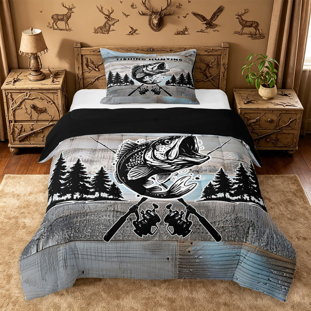 meiyoeat Vintage Bass Fishing Full Size Comforter Sets For Kids,Woodland Fish Print Bedding Comforter Set For Boys,Black Reversible,3pcs