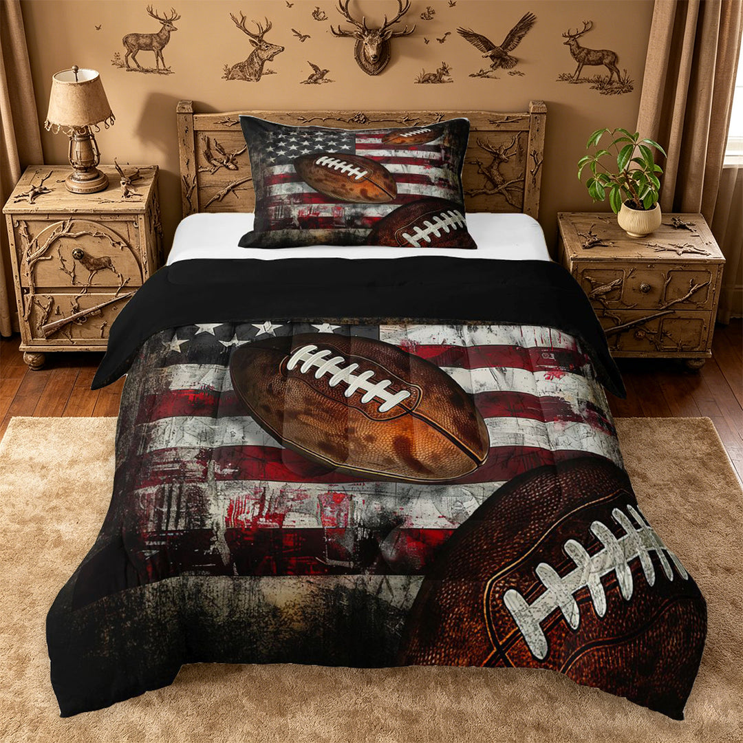 meiyoeat Boys Football Games Full Size Comforter Sets For Kids,Vintage American Flag Pattern Bedding Comforter Set For Boys,Black Reversible,3 Pieces