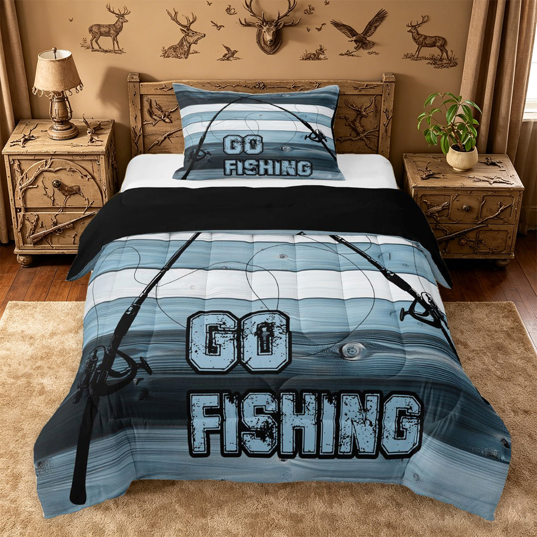 meiyoeat Go Fishing Stripe Full Size Comforter Sets For Kids,Blue Wood Fishing Bedding Comforter Set For Boys,Black Reversible,3-Piece