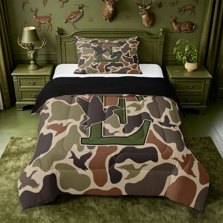 meiyoeat Camouflage Duck Initial E Full Size Comforter Sets For Boys,Country Farmhouse Hunting Themed Bedding Comforter Set,Black Reversible,3pcs,1 Comforter and 2 Pillowcases