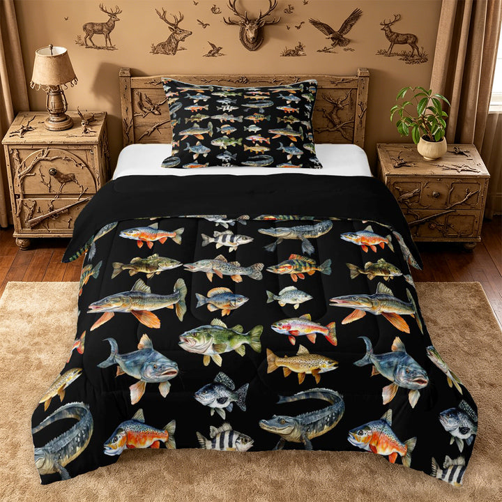 meiyoeat Cute Pike Fish Full Size Comforter Sets For Boys,Black Watercolor Print Bedding Comforter Set Kids,Black Reversible,3pcs