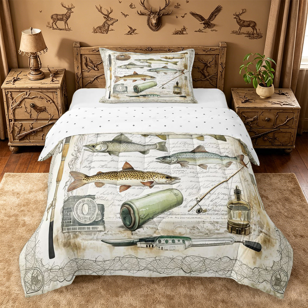 meiyoeat Rustic Pike Fish Full Size Comforter Sets For Kids,Vintage Farmhouse Fishing Bedding Comforter Set For Adults,Reversible,3-Piece