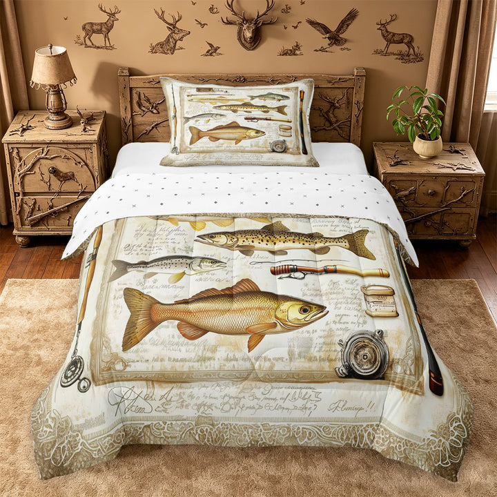 meiyoeat Retro Pike Pattern Full Size Comforter Sets For Kids,Classic Fish Art Bedding Comforter Set For Men,Reversible,3 Pieces