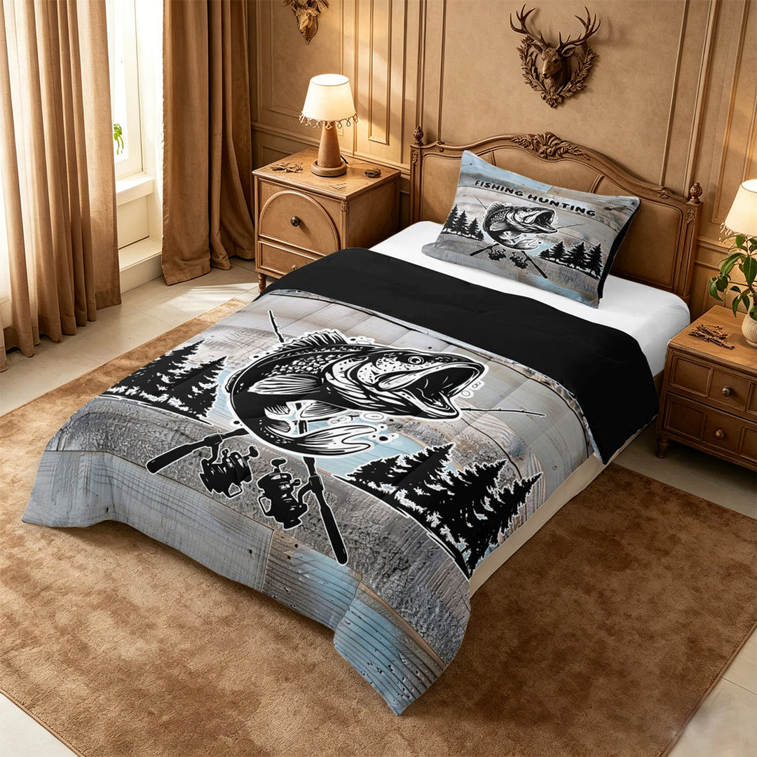 meiyoeat Vintage Bass Fishing Full Size Comforter Sets For Kids,Woodland Fish Print Bedding Comforter Set For Boys,Black Reversible,3pcs
