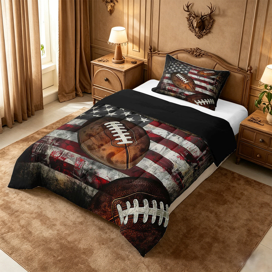 meiyoeat Boys Football Games Full Size Comforter Sets For Kids,Vintage American Flag Pattern Bedding Comforter Set For Boys,Black Reversible,3 Pieces