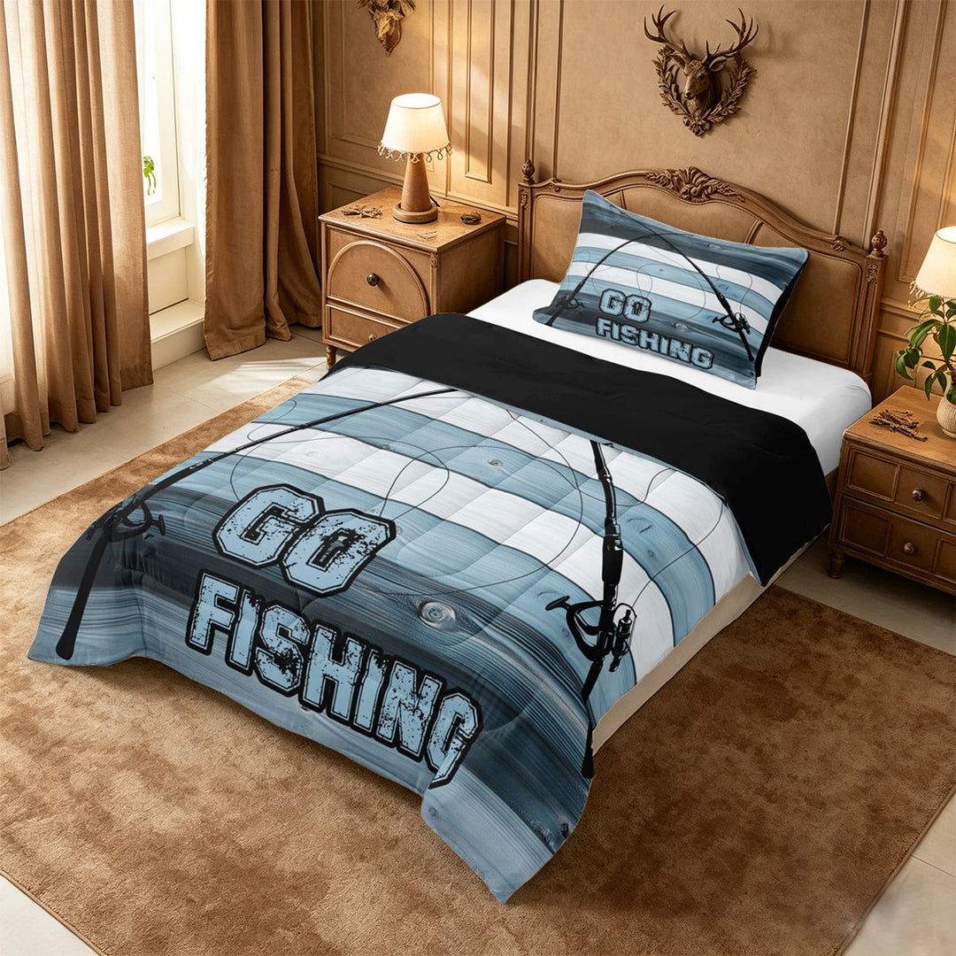 meiyoeat Go Fishing Stripe Full Size Comforter Sets For Kids,Blue Wood Fishing Bedding Comforter Set For Boys,Black Reversible,3-Piece