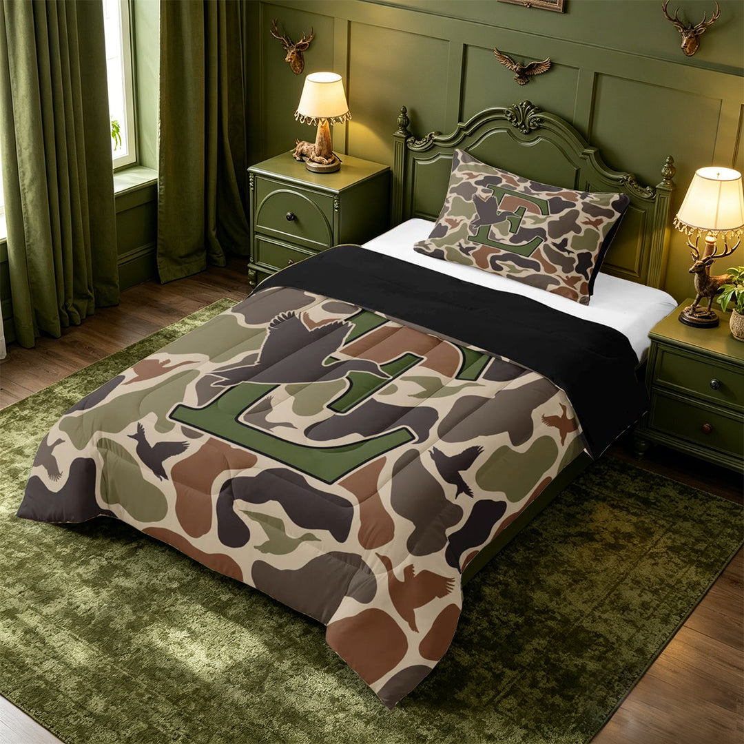 meiyoeat Camouflage Duck Initial E Full Size Comforter Sets For Boys,Country Farmhouse Hunting Themed Bedding Comforter Set,Black Reversible,3pcs,1 Comforter and 2 Pillowcases