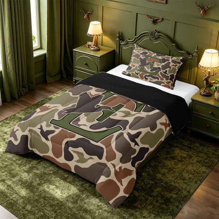 meiyoeat Camouflage Duck Initial E Full Size Comforter Sets For Boys,Country Farmhouse Hunting Themed Bedding Comforter Set,Black Reversible,3pcs,1 Comforter and 2 Pillowcases