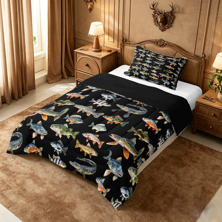 meiyoeat Cute Pike Fish Full Size Comforter Sets For Boys,Black Watercolor Print Bedding Comforter Set Kids,Black Reversible,3pcs