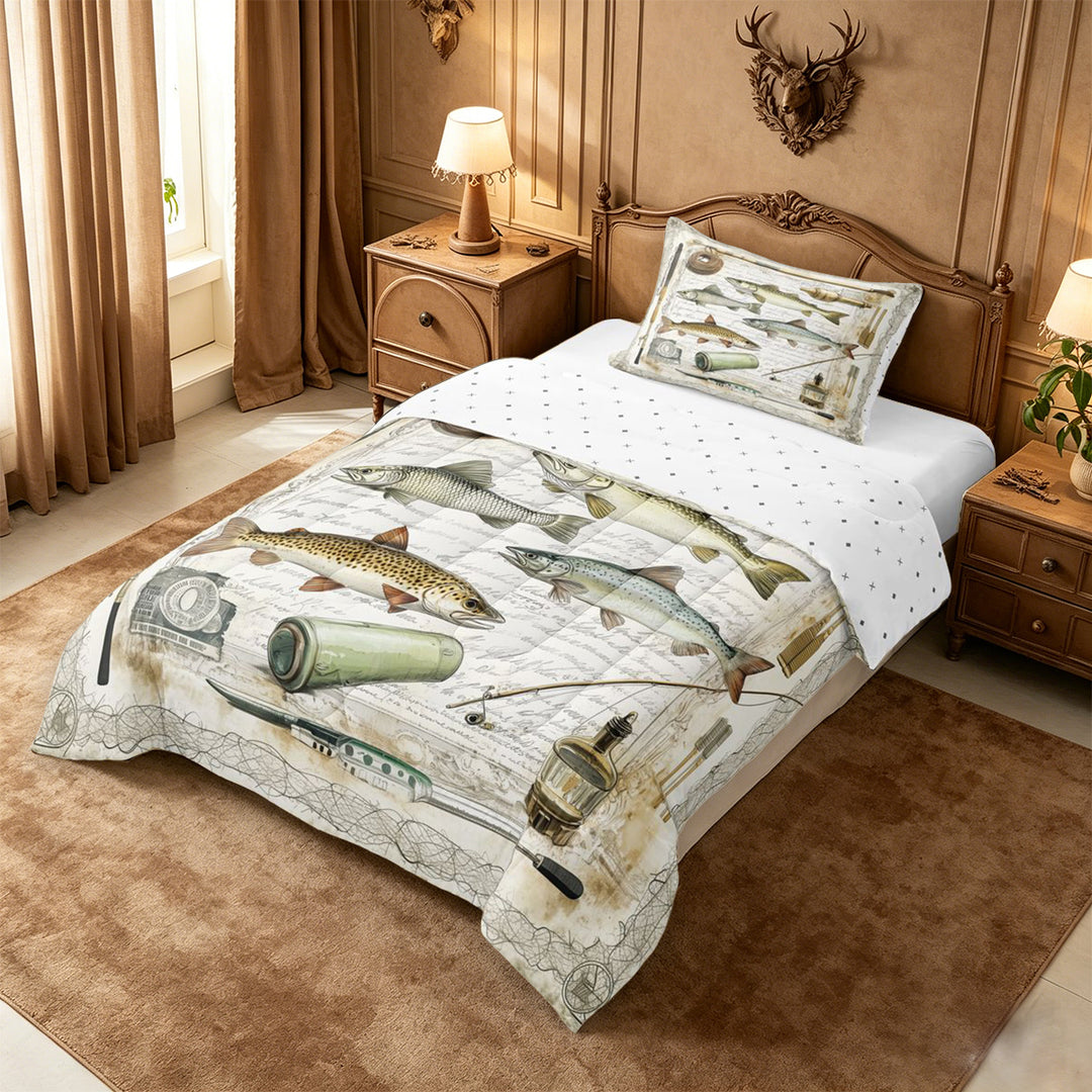 meiyoeat Rustic Pike Fish Full Size Comforter Sets For Kids,Vintage Farmhouse Fishing Bedding Comforter Set For Adults,Reversible,3-Piece